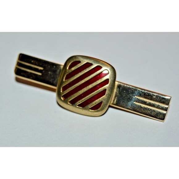Vintage Brass with Red Accents 1960s Classic Men's Cuff Links & Tie Bar Set Rare - Picture 8 of 9